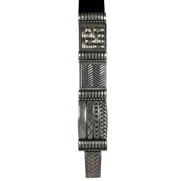 Chicos Belt Leminta Black Mixed Media Leather Stretch Silver Link Buckle 35” Med - Picture 6 of 16